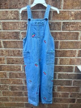 Mini Boden Light Blue Denim Overalls with Red & Green Embroidery
